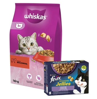 Whiskas Adult s hovädzím mäsom 14 kg & FELIX Sensation Výber príchutí v želé 12x85g