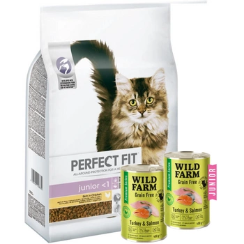 Perfect Fit™ - suché kompletné krmivo pre mačiatka do 1 roka, bohaté na kuracie mäso 7kg + WILD FARM Premium Grain Free Turkey and Salmon 2x400g