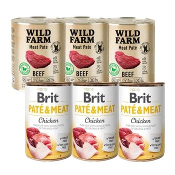 BRIT PATE & MEAT KURACIA 3x800g + WILD FARM HOVÄDZIA PAŠTETA 3x800g