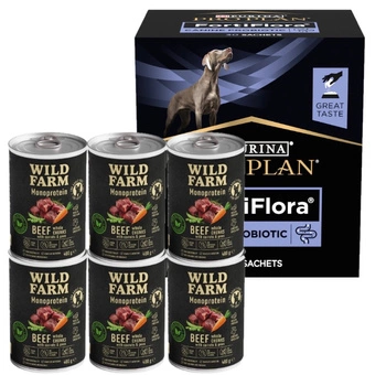Wild Farm Monoprotein Beef 6x400g hypoalergénne krmivo pre psov & PRO PLAN FortiFlora probiotický doplnok pre psov 30x1g