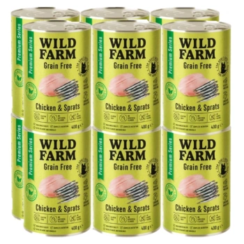 WILD FARM Prémiové bezobilné kuracie mäso a šproty 12x400 g - krmivo pre mačky bez obilnín