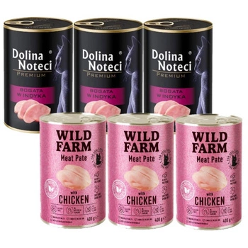 Dolina Noteci Premium pre mačky, bohatá na morčacie mäso 3x400g & WILD FARM Paštéta s kuracím mäsom 3x400g - bezlepkové krmivo pre mačky