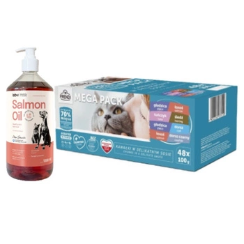 Frendi sáčky pre mačky s rybacou príchuťou v omáčke 48x100g & Lab-v Lososový olej 1000 ml