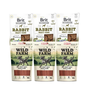 BRIT Jerky Snack Rabbit Meaty Coins s čučoriedkami + králičie prúžky WILD FARM 6x80g