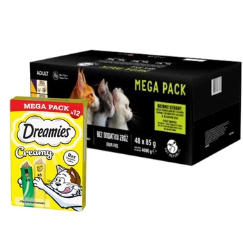 Mokré krmivo PetRepublic pre mačky, kúsky v jemnej omáčke, MIX mäsových príchutí, 48x85g & DREAMIES Krémové so syrom a šantou kocúrnickou 12x10g