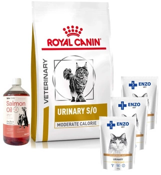 Royal Canin Feline Urinary S/O Moderate Calorie Veterinary Diet 9 kg & ENZO VET Urinária s kuracím mäsom v omáčke pre mačky 3x100g & LAB V Lososový olej pre psov a mačky 1000ml