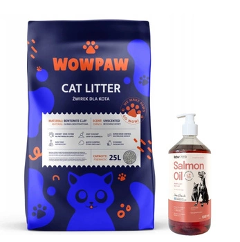 WOW PAW Bentonitová podstielka - bez zápachu pre mačky 25 l & LAB V Lososový olej pre psy a mačky 1000ml
