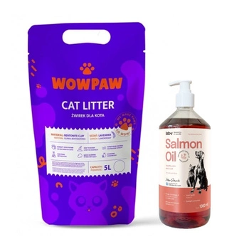 WOW PAW Bentonitová podstielka pre mačky - levanduľová 5 l & LAB V Lososový olej pre psy a mačky 1000ml