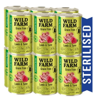WILD FARM Prémiové bezobilné jahňacie a tuniakové krmivo 12x400 g - bezobilné krmivo pre sterilizované mačky