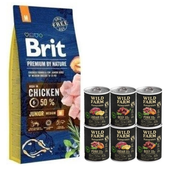 BRIT Premium By Nature Junior M 15kg & WILD FARM Monoproteínová zmes príchutí 6x400g hypoalergénne krmivo pre psov