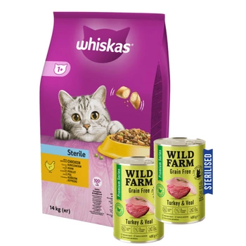 Whiskas Adult Sterile Chicken 14 kg + WILD FARM Premium Grain Free Turkey and Teleal 2x400g