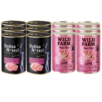 DOLINA NOTECI Premium pre sterilizované mačky s vysokým obsahom morčacieho mäsa 6x400g & WILD FARM Paštéta s jahňacím mäsom 6x400g - bezlepkové krmivo pre mačky