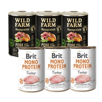 BRIT MONO PROTEIN MORČACIE 3x400g + MONOPROTEÍNOVÉ BRAČOVÉ MÄSO Z WILD FARMU 3x400g