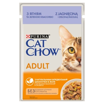 PURINA Cat Chow krmivo pre dospelé mačky s jahňacím mäsom a zelenými fazuľkami v želé 85g