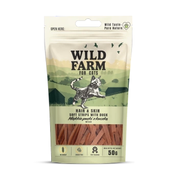 WILD FARM mäkké kačacie prúžky s hair&skin 50g maškrta pre mačky