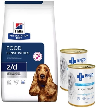 HILL'S PD Prescription Diet Canine z/d Food Sensitivities 10kg & ENZO VET Hypoalergénne hypoalergénne krmivo s morkou pre psov 2x400g