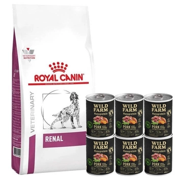 Royal Canin Veterinary Diet Dog Renal 14 kg & WILD FARM Monoproteínové bravčové mäso 6x400g hypoalergénne krmivo pre psov