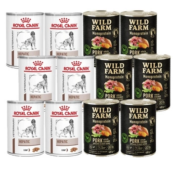 Royal Canin VD Canine Hepatic 6x420 g & WILD FARM Monoproteínové bravčové mäso 6x400g hypoalergénne krmivo pre psov
