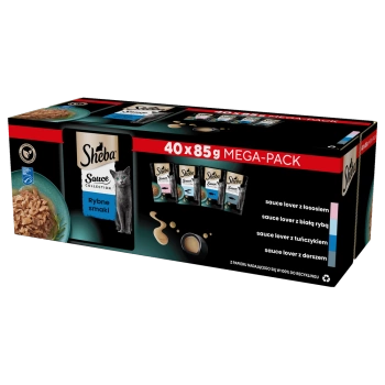 SHEBA Sauce Collection s rybími príchuťami vrecúška 40x85g – kompletné mokré krmivo pre dospelé mačky, v omáčke