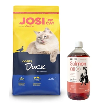 JOSERA JosiCat Crispy Duck 10 kg & LAB V Lososový olej pre psy a mačky 1000ml