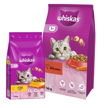 Whiskas Adult s hovädzím mäsom 14 kg & WHISKAS Adult 3,8 kg - suché krmivo pre dospelé mačky, s lahodným kuracím mäsom