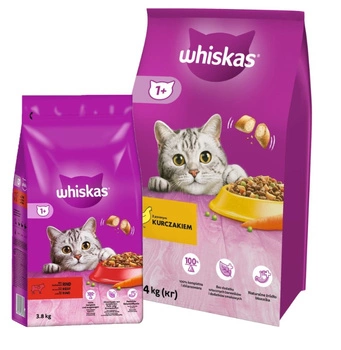 Whiskas s kuracím mäsom 14 kg & WHISKAS Adult 3,8 kg - kompletné suché krmivo pre dospelé mačky, s lahodným hovädzím mäsom