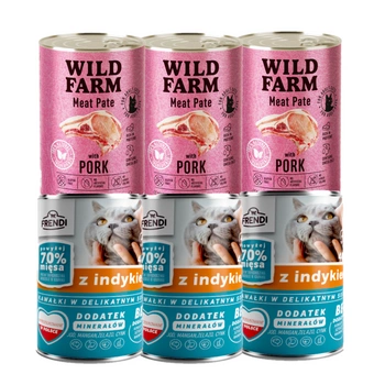 Frendi kúsky v jemnej omáčke s morčacím 3x400g + WILD FARM Pate Pork 3x400g