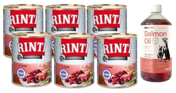 Rinti Kennerfleisch mokré krmivo pre psov - hovädzie mäso 6x800g + LAB V Lososový olej pre psov a mačky 1000ml