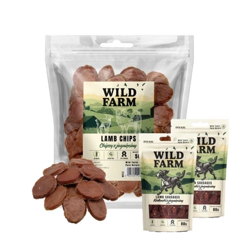 Psí maškrta WILD FARM Jahňacie chipsy 500g & WILD FARM králičie prúžky 2x80g psia maškrta