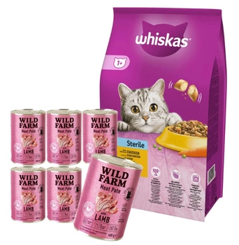 Whiskas Adult Sterile Chicken 14 kg & WILD FARM Paštéta s kuracím mäsom 6x400g - bezlepkové krmivo pre mačky