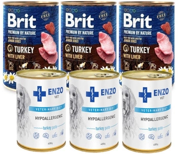 Brit Premium by Nature Turkey with Liver 3x800g & ENZO VET Hypoalergénne hypoalergénne krmivo s morkou pre psov 3x400g