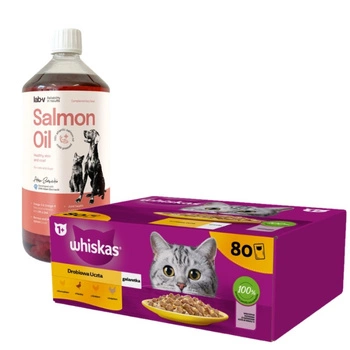 WHISKAS Adult sáčok 80 x 85 g Hydinové kúsky - vlhké krmivo pre dospelé mačky v želé (kúsky s: kuracím, kačacím, hydinovým, morčacím mäsom) & LAB V Lososový olej pre psov a mačky 1000ml
