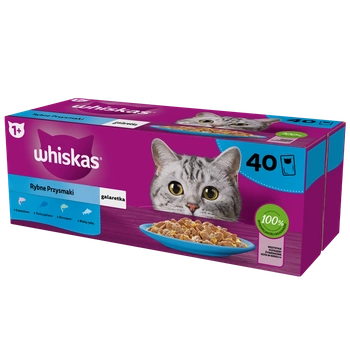 WHISKAS Adult sáčky 40 x 85 g Fishy Treats - vlhké krmivo pre dospelé mačky v želé (kúsky s: lososom, tuniakom, treskou, bielou rybou)