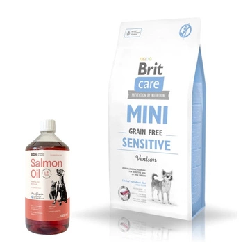 BRIT CARE Mini Grain-Free Sensitive 7kg & LAB V Lososový olej pre psov a mačky 1000ml