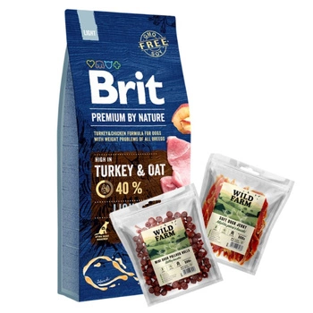 Brit Premium By Nature Light 15kg & WILD FARM Mix príchutí 2x500g