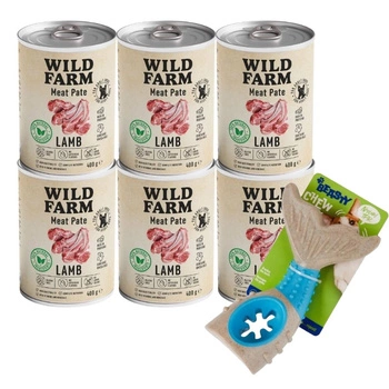 Wild Farm Pate Lamb 6x400g bezlepkové krmivo pre psov & Žuvacia hračka pre psov - kosť 18 cm (náhodný vzor)