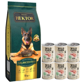 HEKTOR BALANCED Adult 15 kg & Wild Farm Pate Bravčové 6x400g bezlepkové krmivo pre psov