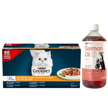 Purina Gourmet Perle Mini Filety v omáčke Krmivo pre mačky 60x85g & LAB V Lososový olej pre psov a mačky 1000ml