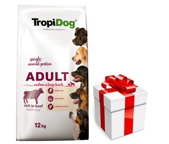 TROPIDOG Premium Adult stredné a veľké plemená Rich v HOVĚZÍM, s RÝŽÍ 12kg + Prekvapenie pre vášho psa ZDARMA