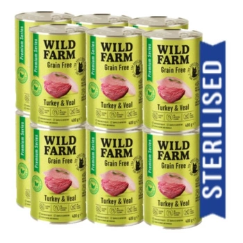 WILD FARM Prémiové krmivo bez obilnín s morčacím a teľacím mäsom 12x400 g - krmivo bez obilnín pre sterilizované mačky
