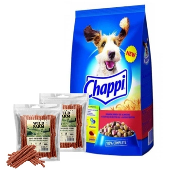 Chappi s hovädzím a hydinovým mäsom 9 kg & WILD FARM tyčinky s kačicou a ryžou 2x500g psia maškrta