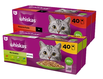 WHISKAS Adult sáčky 40 x 85 g Zmiešané príchute - vlhké krmivo pre dospelé mačky, v želé + WHISKAS Adult sáčky 40 x 85 g Klasické jedlá