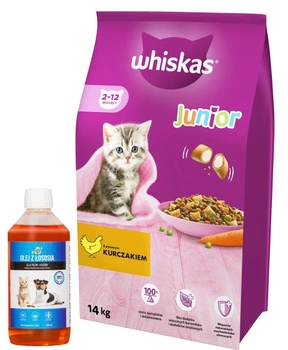 WHISKAS Junior chicken 14kg + LAB V Lososový olej pre psy a mačky 500ml