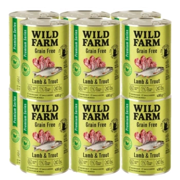 WILD FARM Prémiové bezobilné jahňacie a pstruhové krmivo pre mačky 12x400 g - bezobilné krmivo pre mačky