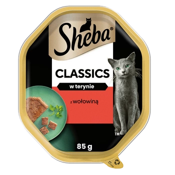 SHEBA Classic tácka 85g – kompletné mokré krmivo pre dospelé mačky, s hovädzím mäsom, v terine