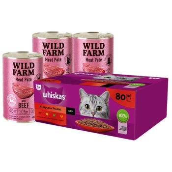 Whiskas klasický výběr ve šťávě pro dospělé kočky 80 x 85 g & WILD FARM Paštéta s hovädzím mäsom 3x400g - bezlepkové krmivo pre mačky