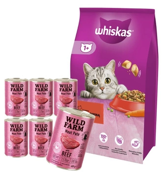 Whiskas Adult s hovädzím mäsom 14 kg & WILD FARM Paštéta s hovädzím mäsom 6x400g - bezlepkové krmivo pre mačky