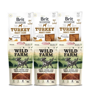 BRIT Jerky Snack Morčacie mäsové mince s tekvicou + mäkké kuracie prsia WILD FARM 6x80g
