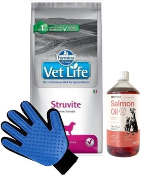 FARMINA Vet Life Dog Struvite 12kg & LAB V Lososový olej pre psov a mačky 1000ml + Rukavica na česanie srsti psov a mačiek ZADARMO!