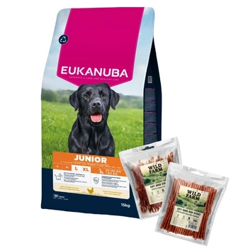EUKANUBA Junior Large 15kg & WILD FARM 2x500g maškrty pre psov